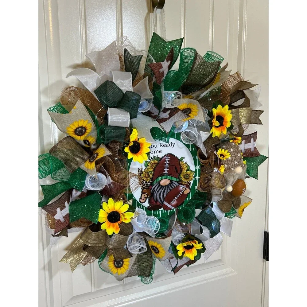 Handmade Football Gnome Ribbon Welcome Door Wreath Leaf 22 in LED Fall W4